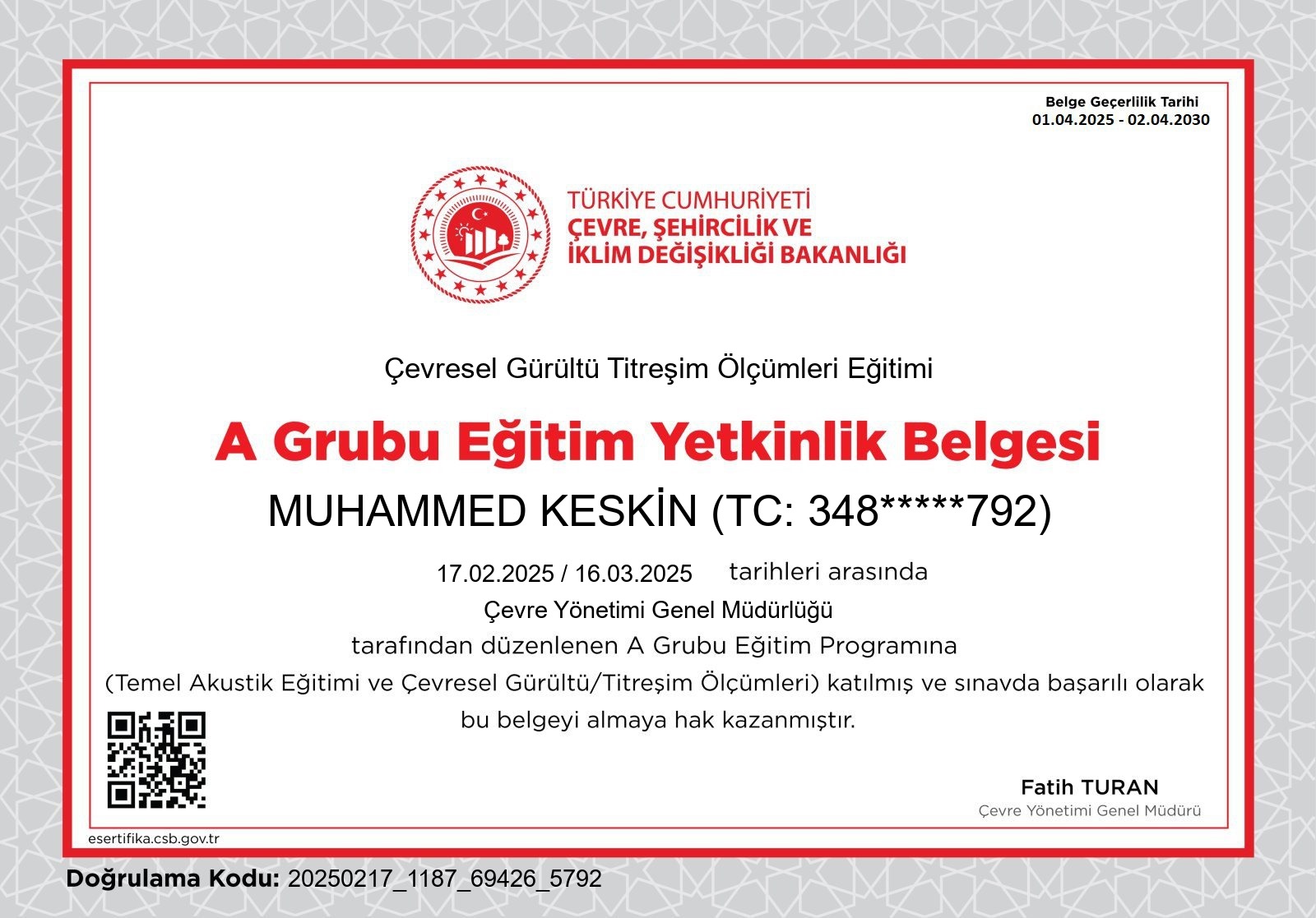 Muhammed Keskin yetkinlik belgesi