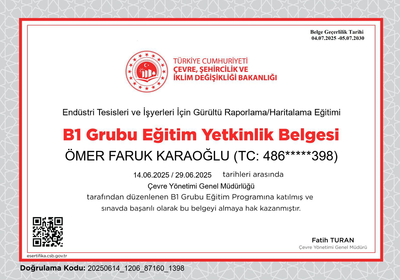 Ömer Faruk Karaoğlu b1 yetkinlik belgesi