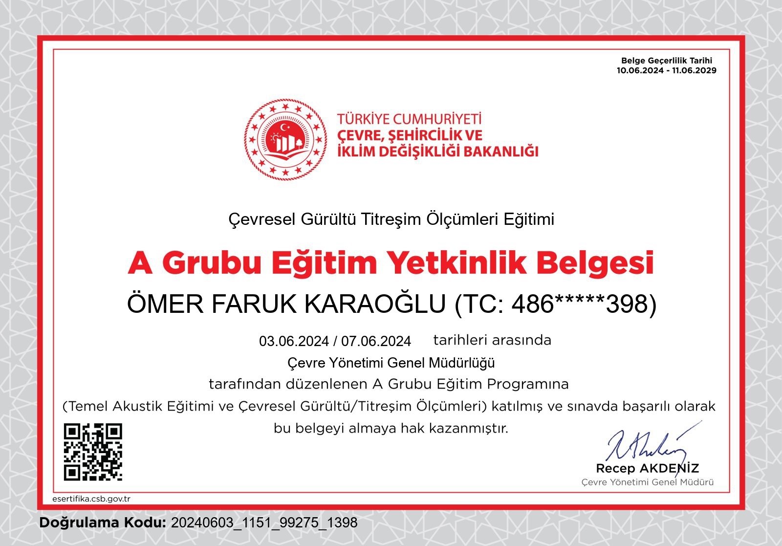 Ömer Faruk Karaoğlu yetkinlik belgesi