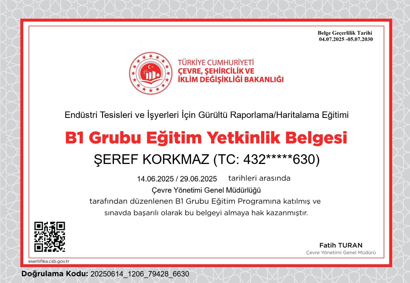 şeref korkmaz b1 yetkinlik belgesi