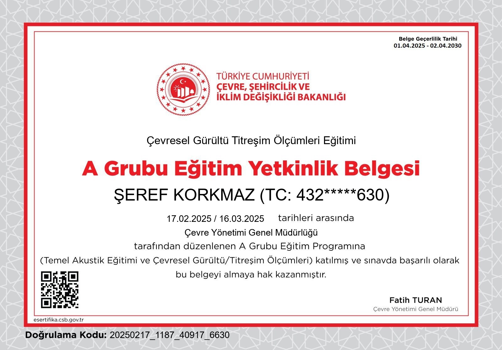 şeref korkmaz yetkinlik belgesi